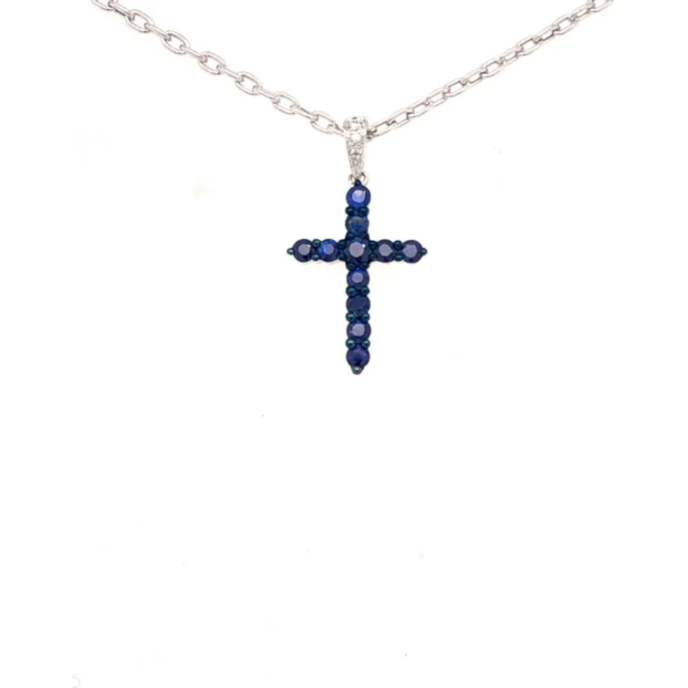 18K White Gold Cross Pendant with Blue Sapphires and Diamond Accented Bail by Afarin