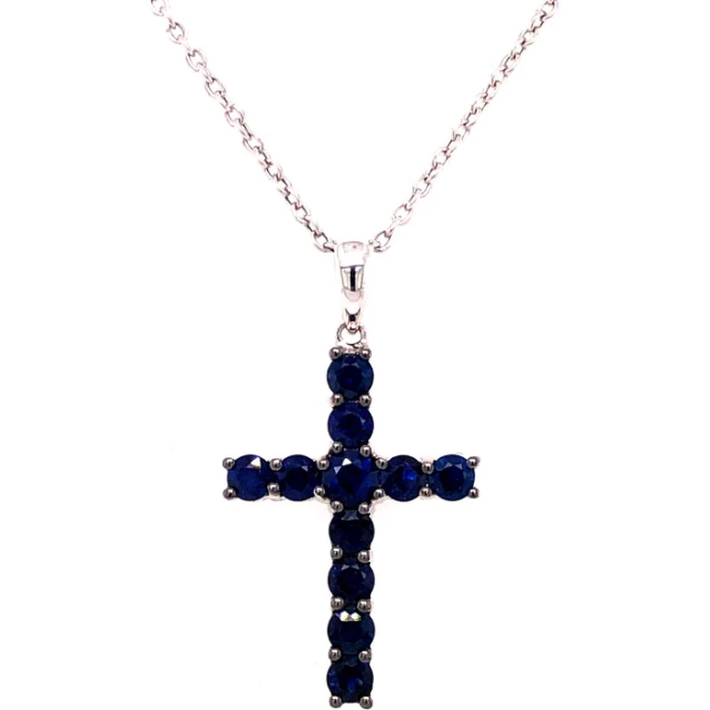 18K White Gold Cross Pendant with Round Blue Sapphires by Afarin
