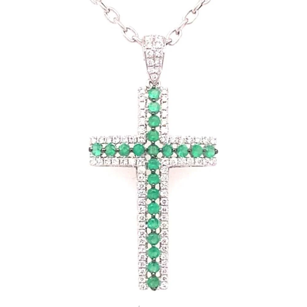 18K White Gold Cross Pendant with Round Emeralds and Diamond Accents by Afarin