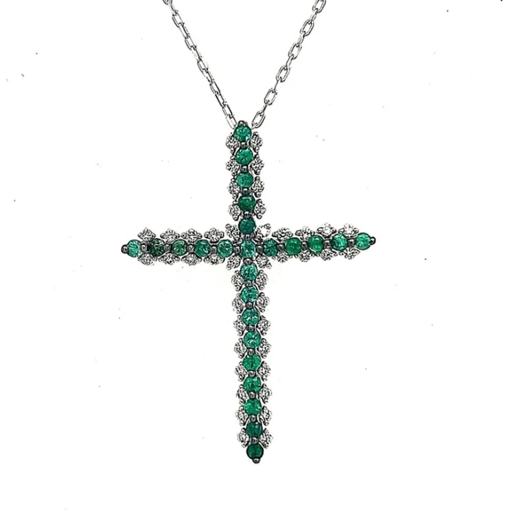 18K White Gold Cross Pendant with Round Emeralds and Round Diamonds by Afarin