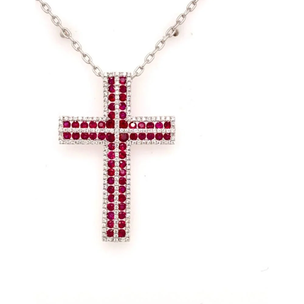 18K White Gold Cross Pendant with Round Rubies and Diamond Accents by Afarin