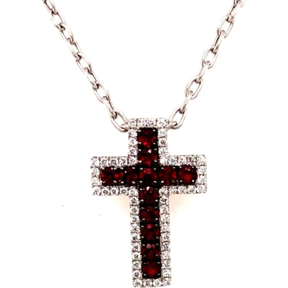 18K White Gold Cross Pendant with Rubies and Diamond Halo by Afarin