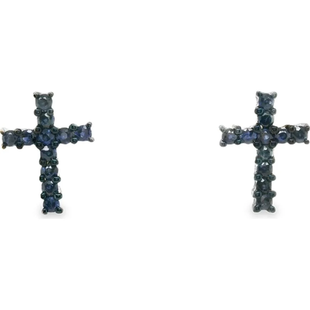 18K White Gold Cross Stud Earrings with Round Blue Sapphires by Afarin
