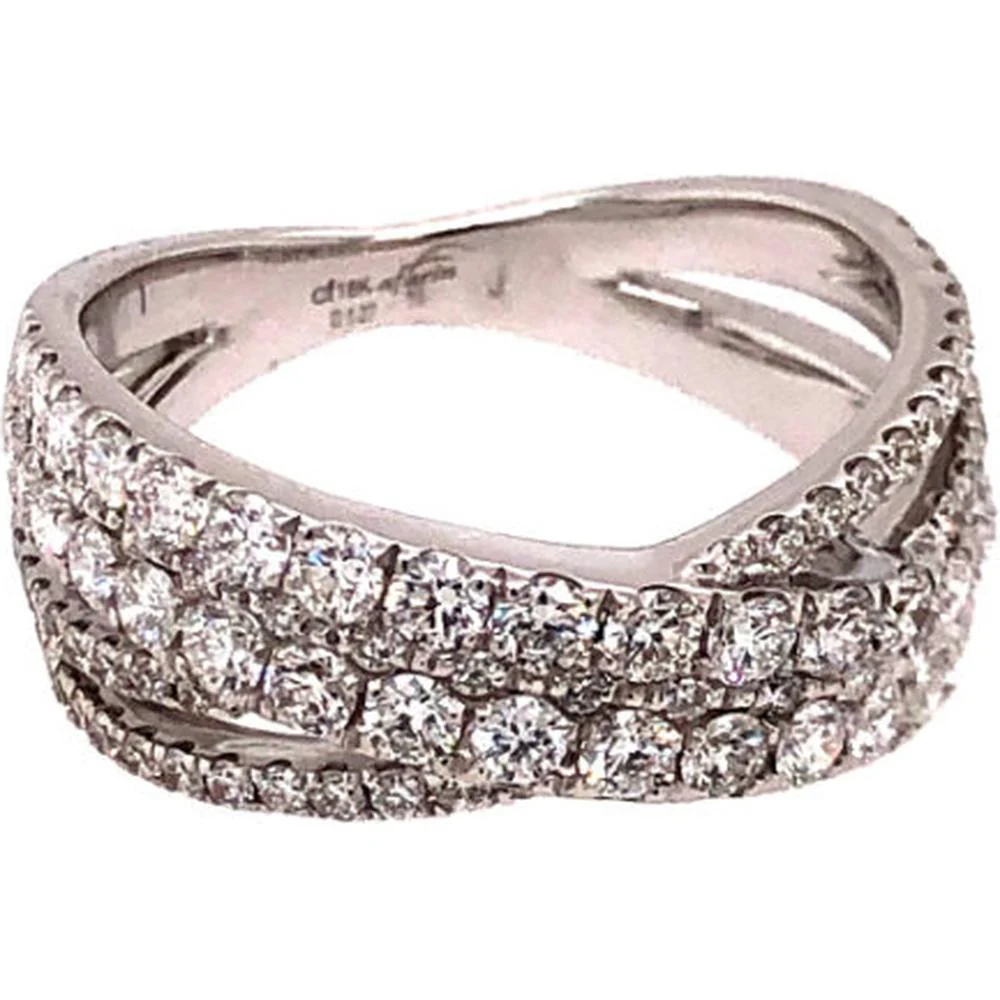 18K White Gold Crossover Diamond Band Ring with Pavé Set Round Diamonds by Afarin