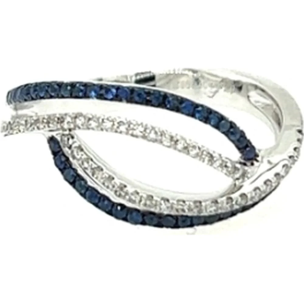 18K White Gold Crossover Ring with Blue Sapphires and Diamonds by Afarin