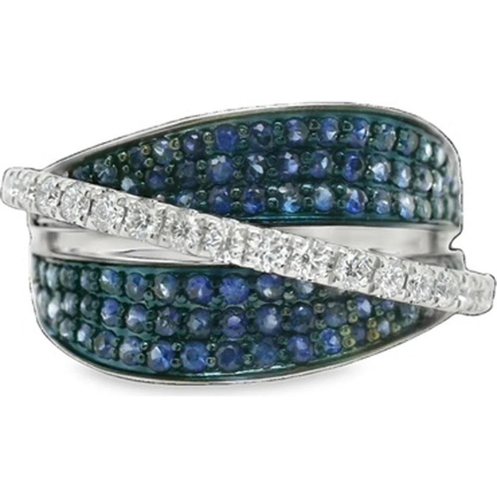 18K White Gold Crossover Ring with Round Blue Sapphires and Diamond Accent Band by Afarin