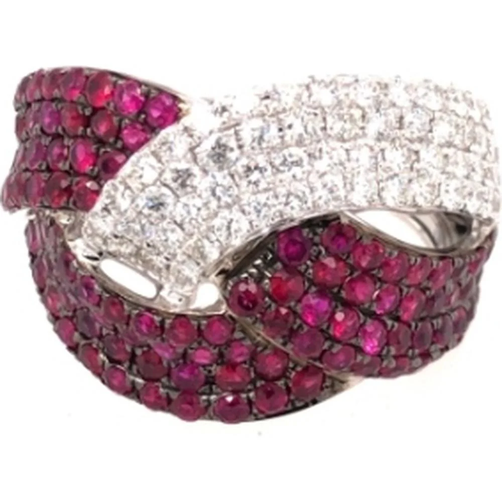 18K White Gold Crossover Ring with Rubies and Diamonds by Afarin