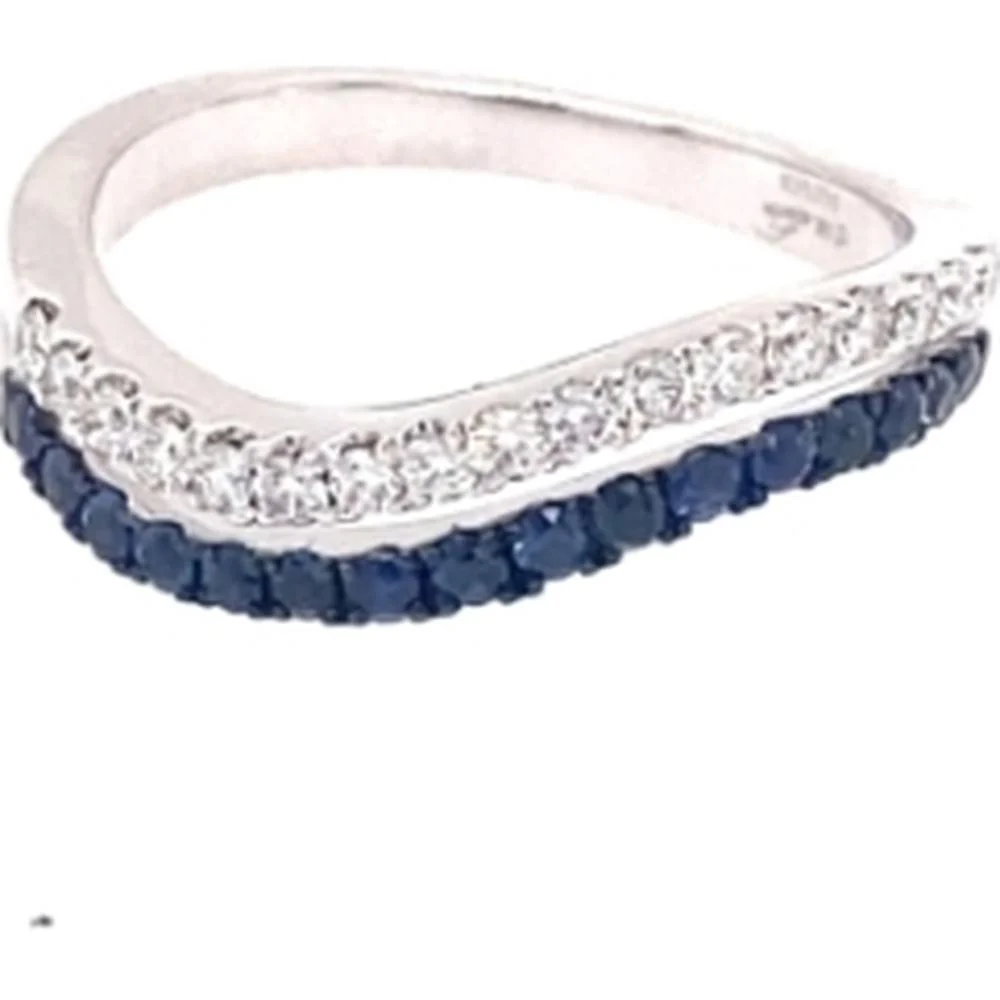 18K White Gold Curved Band Ring with Round Blue Sapphires and Diamonds by Afarin