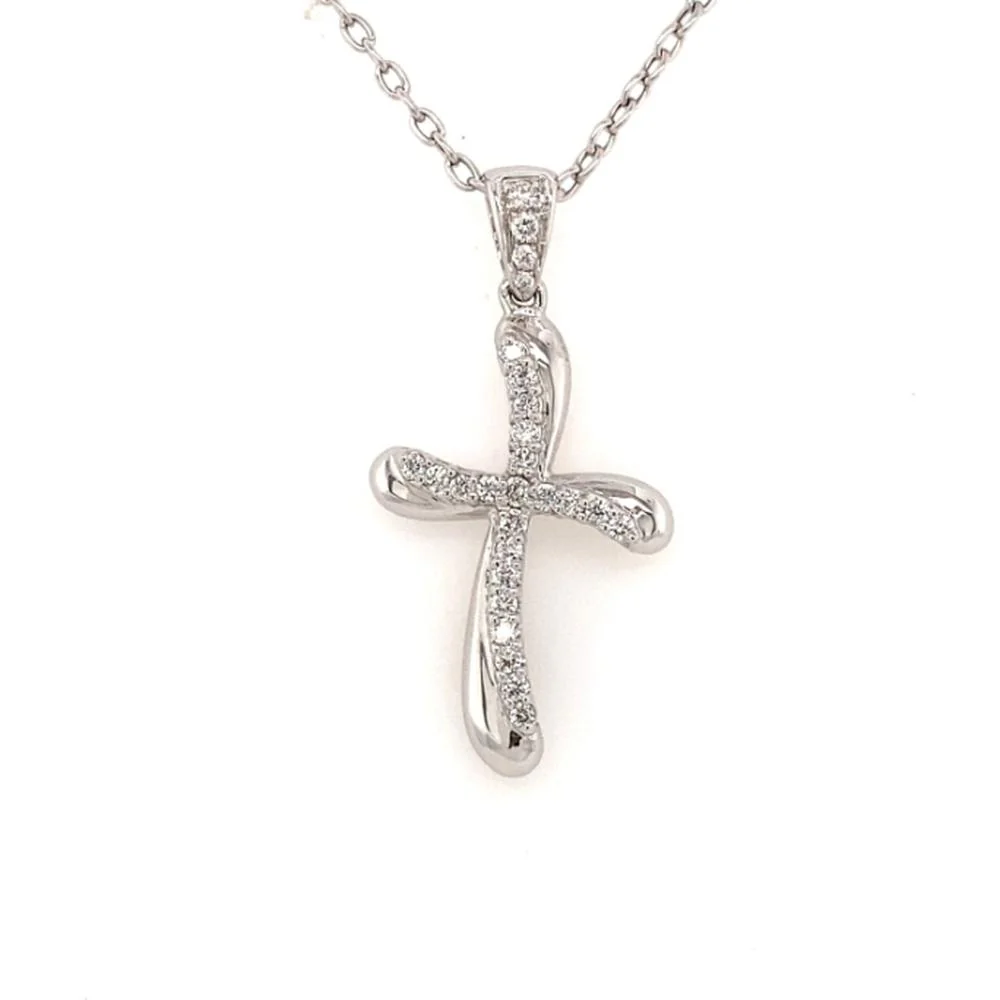 18K White Gold Curved Cross Pendant with Diamonds by Afarin