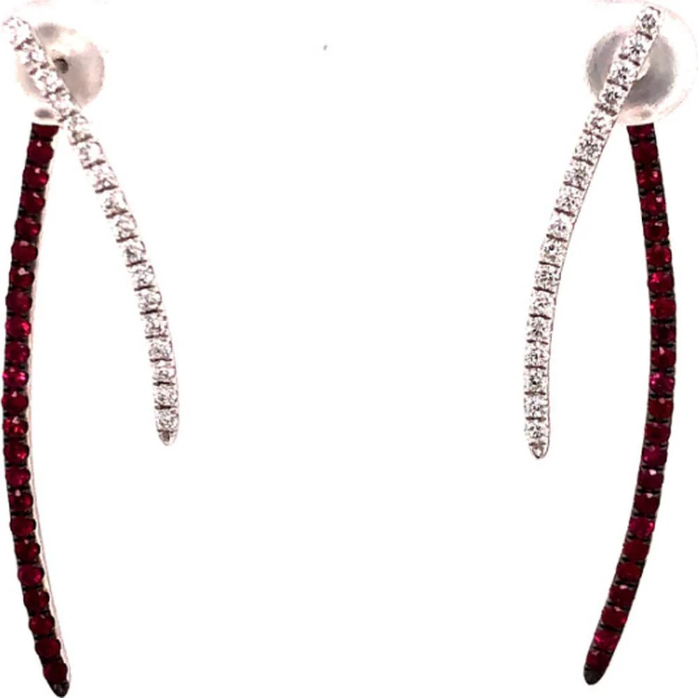 18K White Gold Curved Drop Earrings with Diamonds and Rubies by Afarin