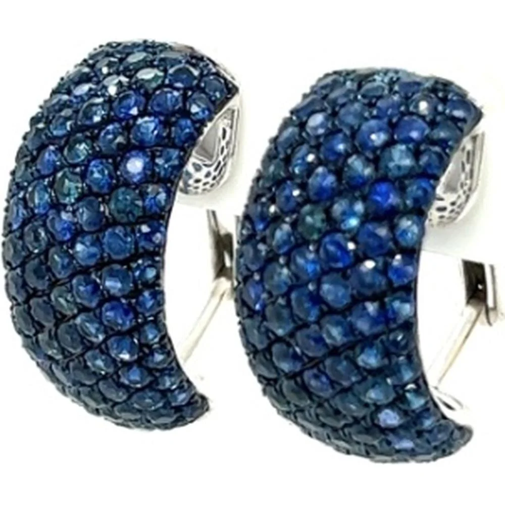 18K White Gold Curved Huggie Earrings with Pavé Blue Sapphires by Afarin