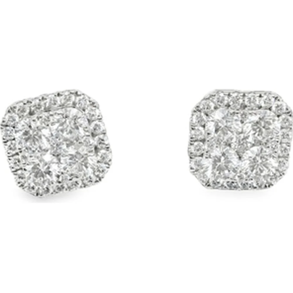 18K White Gold Cushion-Shaped Diamond Cluster Stud Earrings by Afarin