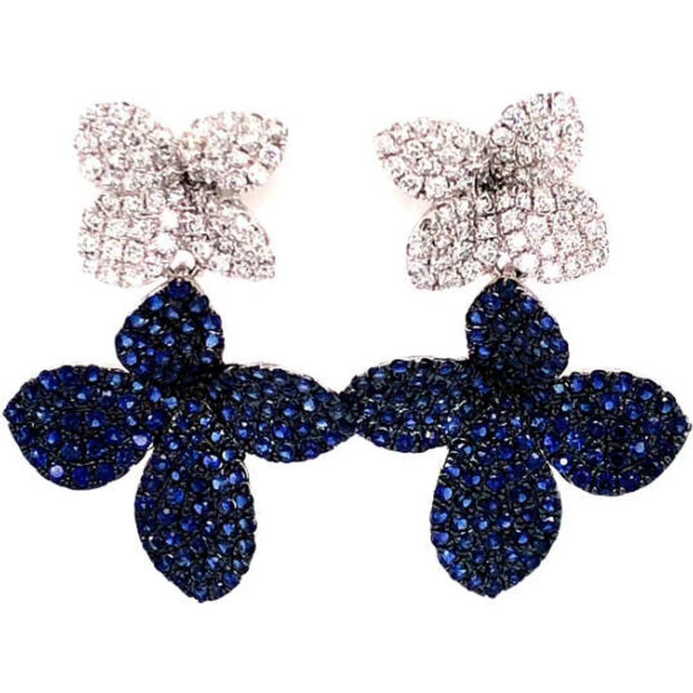 18K White Gold Diamond and Blue Sapphire Double Flower Drop Earrings by Afarin