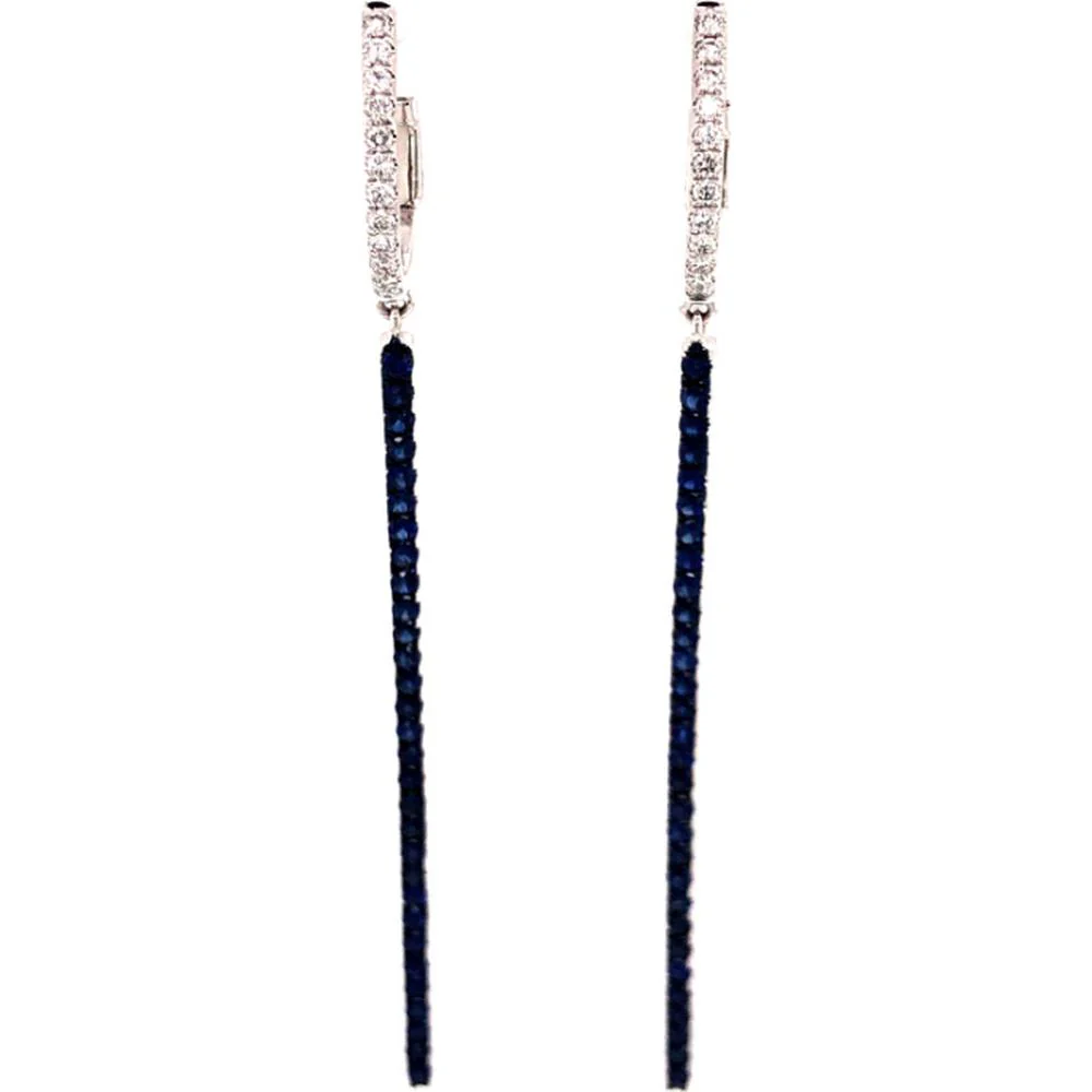 18K White Gold Diamond and Blue Sapphire Long Drop Huggie Earrings by Afarin