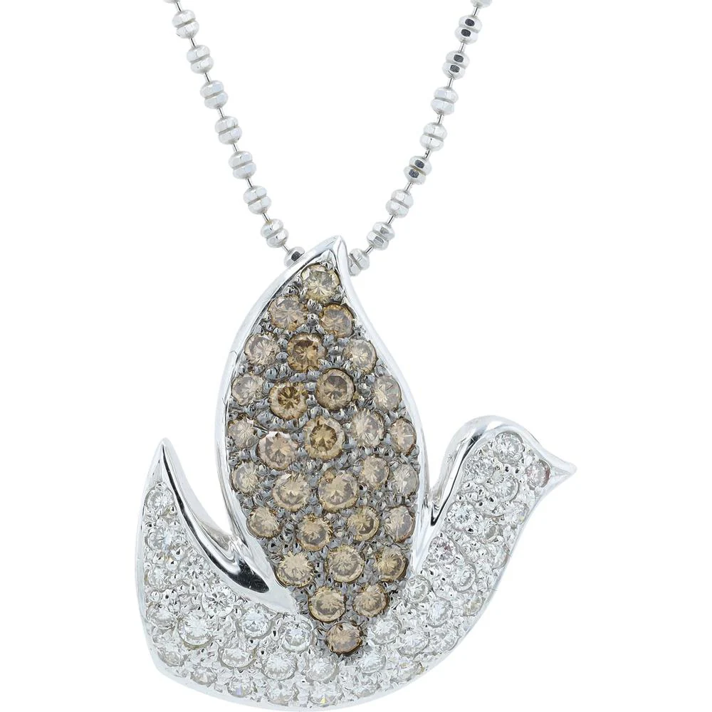 18K White Gold Diamond Bird Pendant with 1.70 Carats of Champagne and White Diamonds