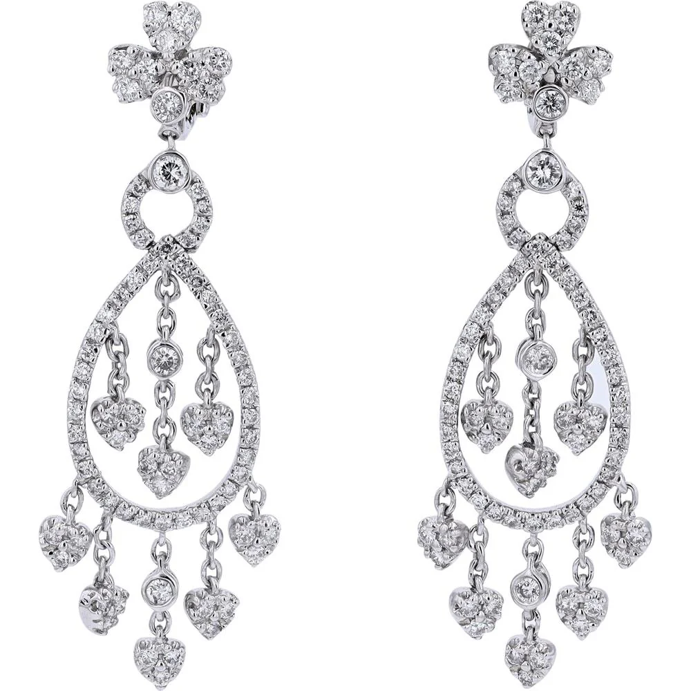 18K White Gold Diamond Chandelier Earrings with Heart - Shaped Diamonds - 3.20 Carat Total Diamond Weight