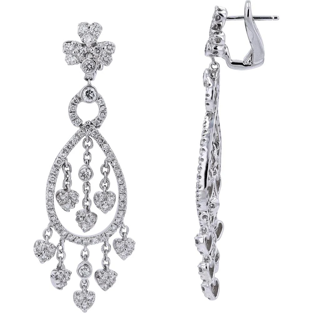 18K White Gold Diamond Chandelier Earrings with Heart - Shaped Diamonds - 3.20 Carat Total Diamond Weight - Image 2