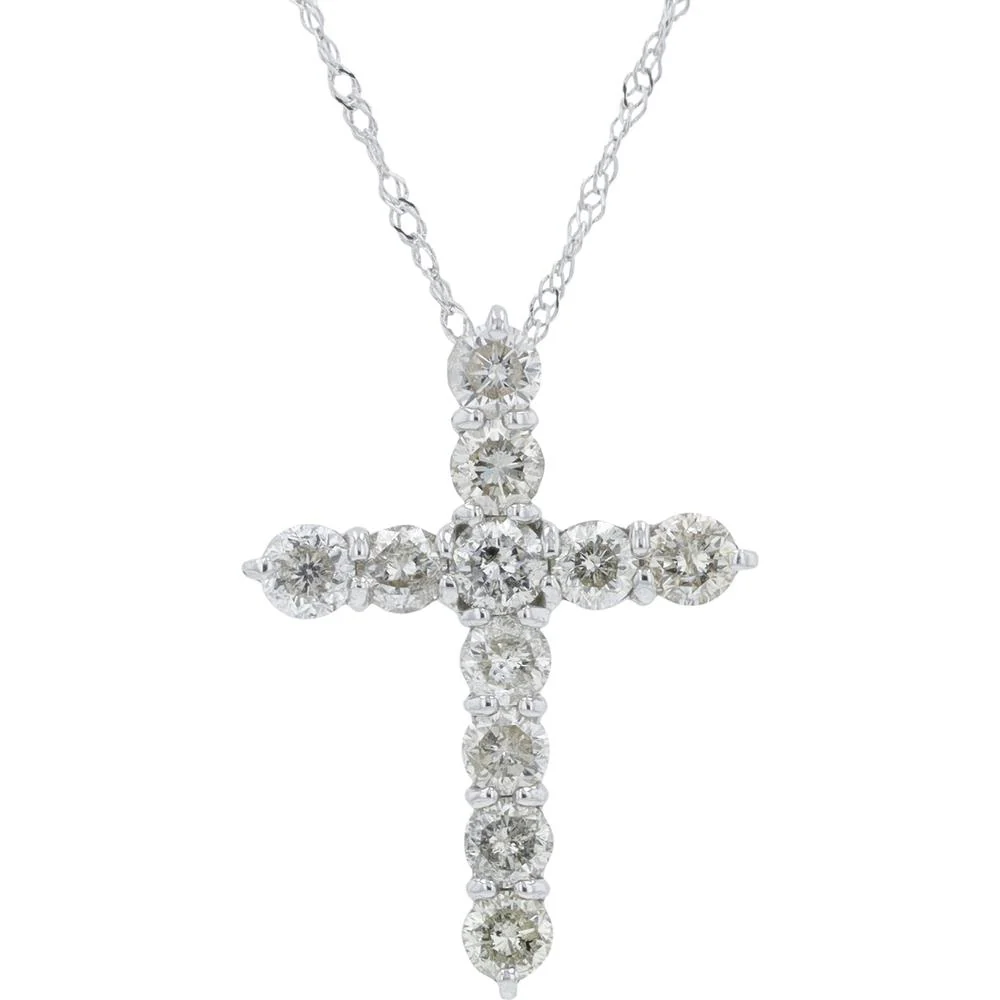 18K White Gold Diamond Cross Pendant with 1.00 Carat Total Round Diamonds - 18" Chain