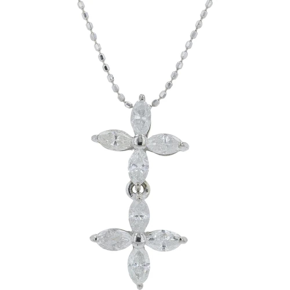 18K White Gold Diamond Cross Pendant with Pear - Shaped Diamonds - 1.03 Carat Total Diamond Weight