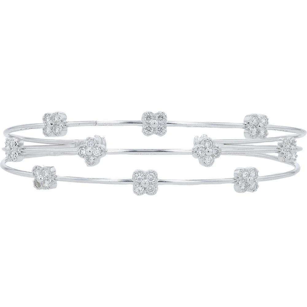 18K White Gold Diamond Cuff with 0.78 Carat Total Floral Cluster Diamonds