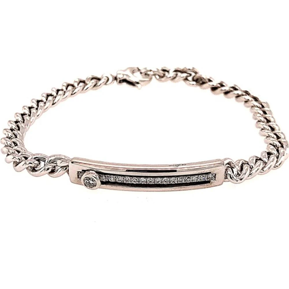 18K White Gold Diamond Curb Link Bracelet with Modern Bar Centerpiece by Afarin