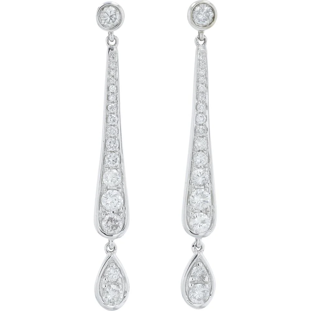 18K White Gold Diamond Drop Earrings with Bezel and Teardrop Set Diamonds - 0.77 Carat Total Diamond Weight