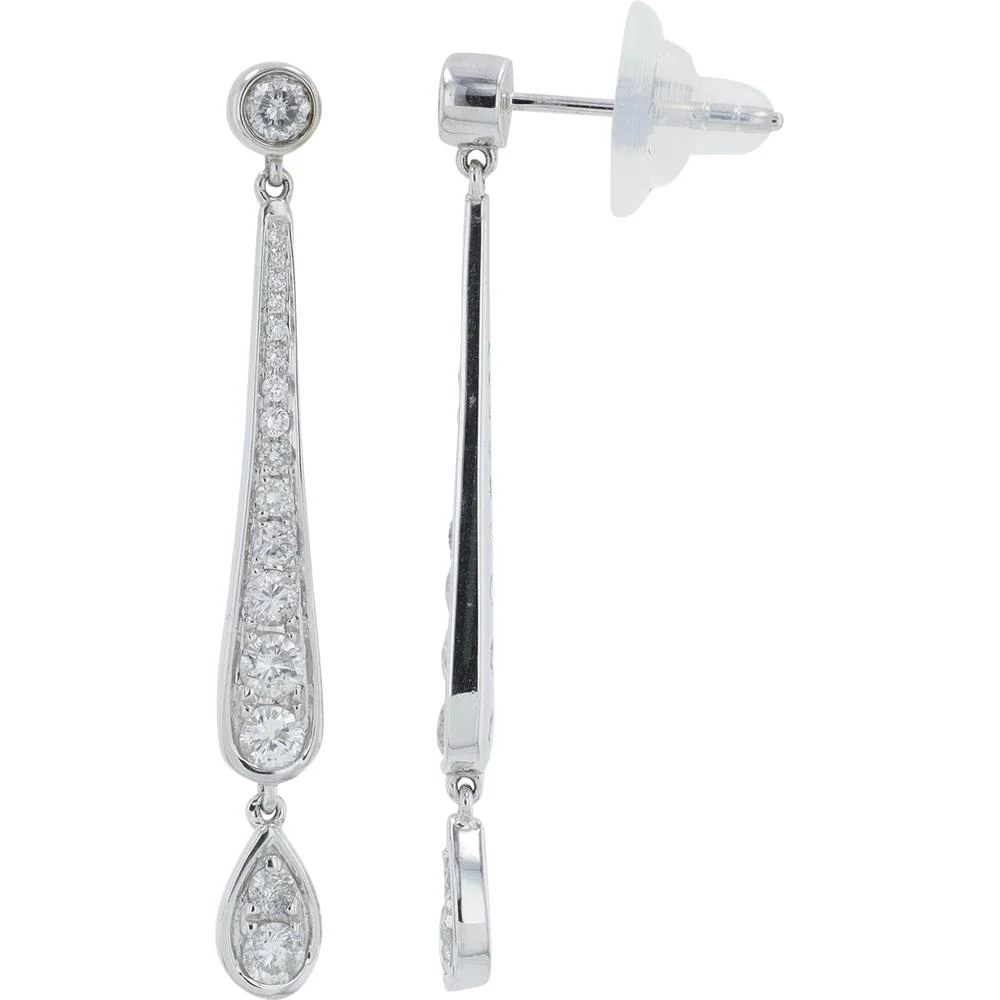 18K White Gold Diamond Drop Earrings with Bezel and Teardrop Set Diamonds - 0.77 Carat Total Diamond Weight - Image 2