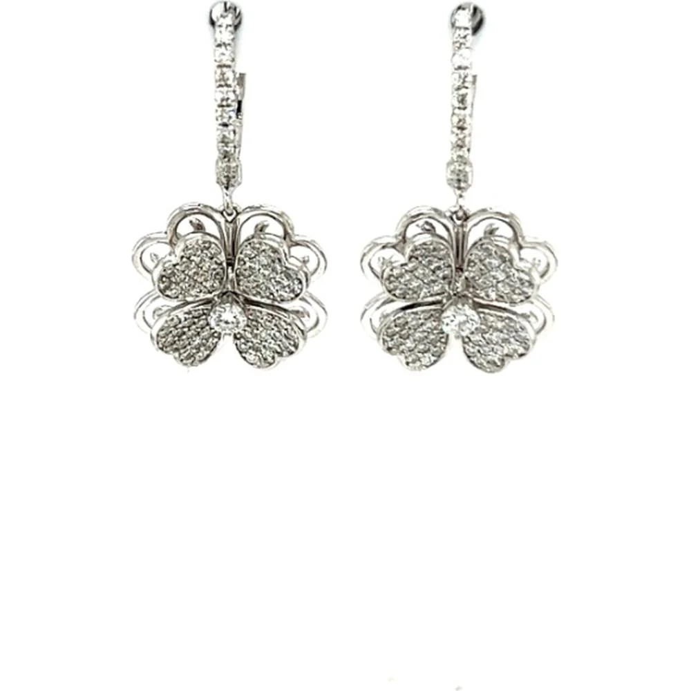 18K White Gold Diamond Floral Drop Earrings with Pavé Set Round Diamonds by Afarin