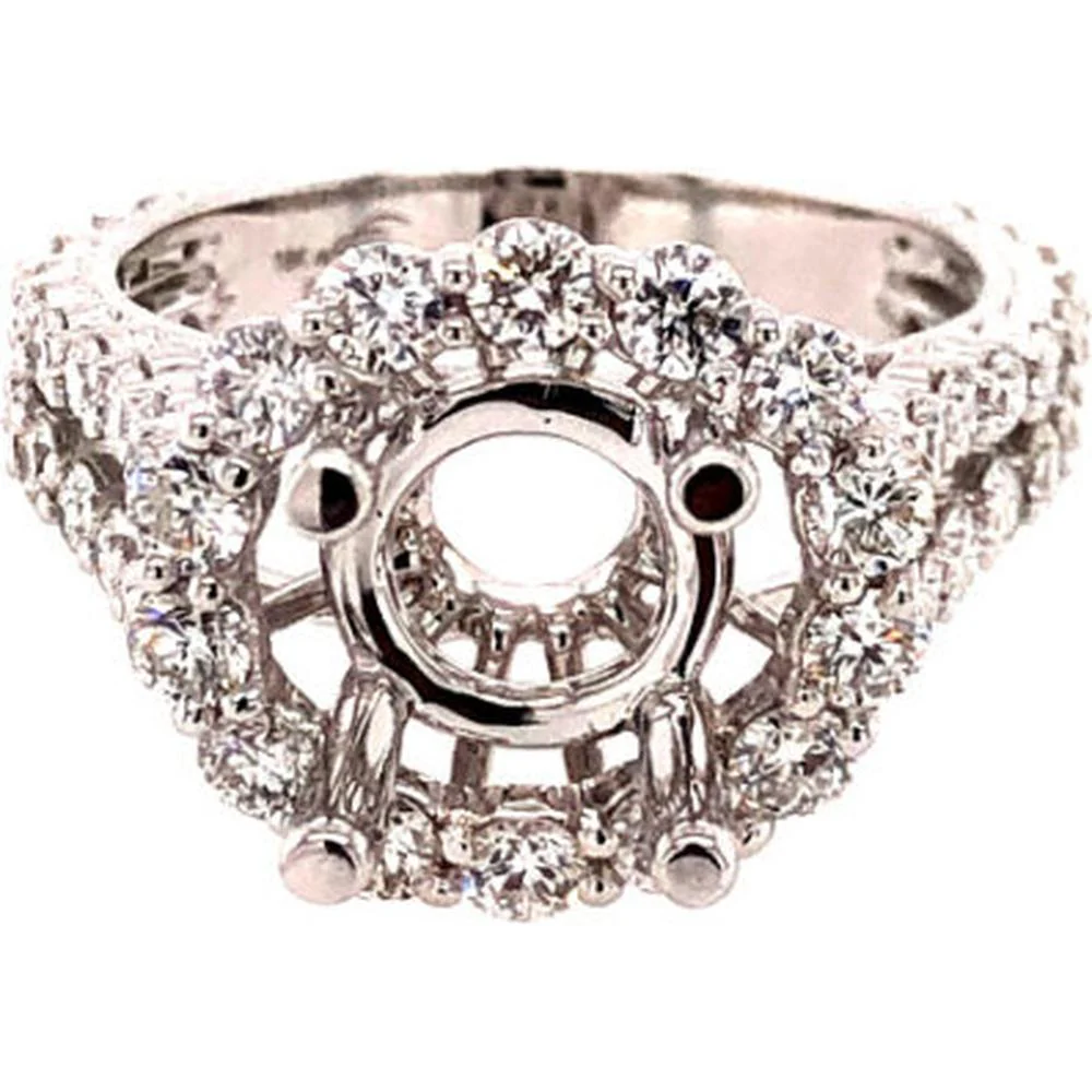 18K White Gold Diamond Halo Semi-Mount Ring with Round Center Setting by Afarin