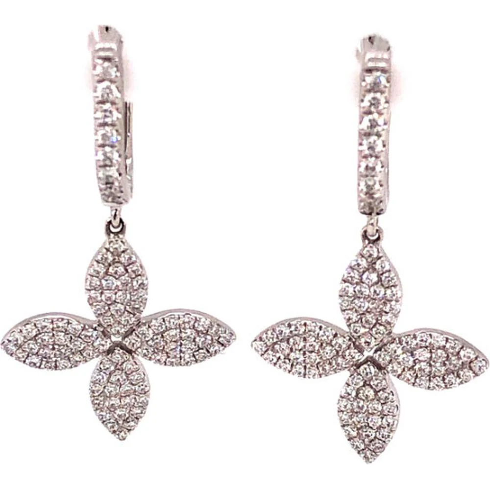 18K White Gold Diamond Huggie Drop Earrings with Pave Flower Motifs by Afarin