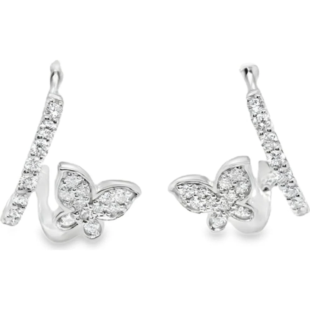 18K White Gold Diamond Huggie Earrings with Butterfly Motif by Afarin