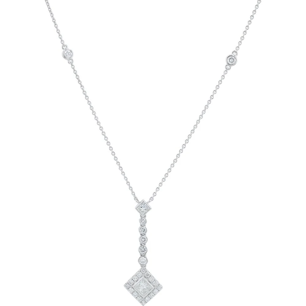 18K White Gold Diamond Pendant Necklace with 1.70 Carat Total Diamonds Featuring Princess - Cut Halo Center - Adjustable 18" - 20" Chain