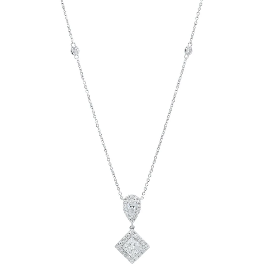18K White Gold Diamond Pendant Necklace with Princess Cut and Round Diamonds - 1.69 Carat Total Diamond Weight