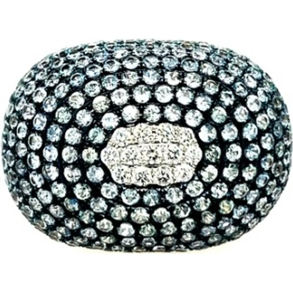 18K White Gold Dome Ring with Pavé Blue Sapphires and Center Diamond Cluster by Afarin