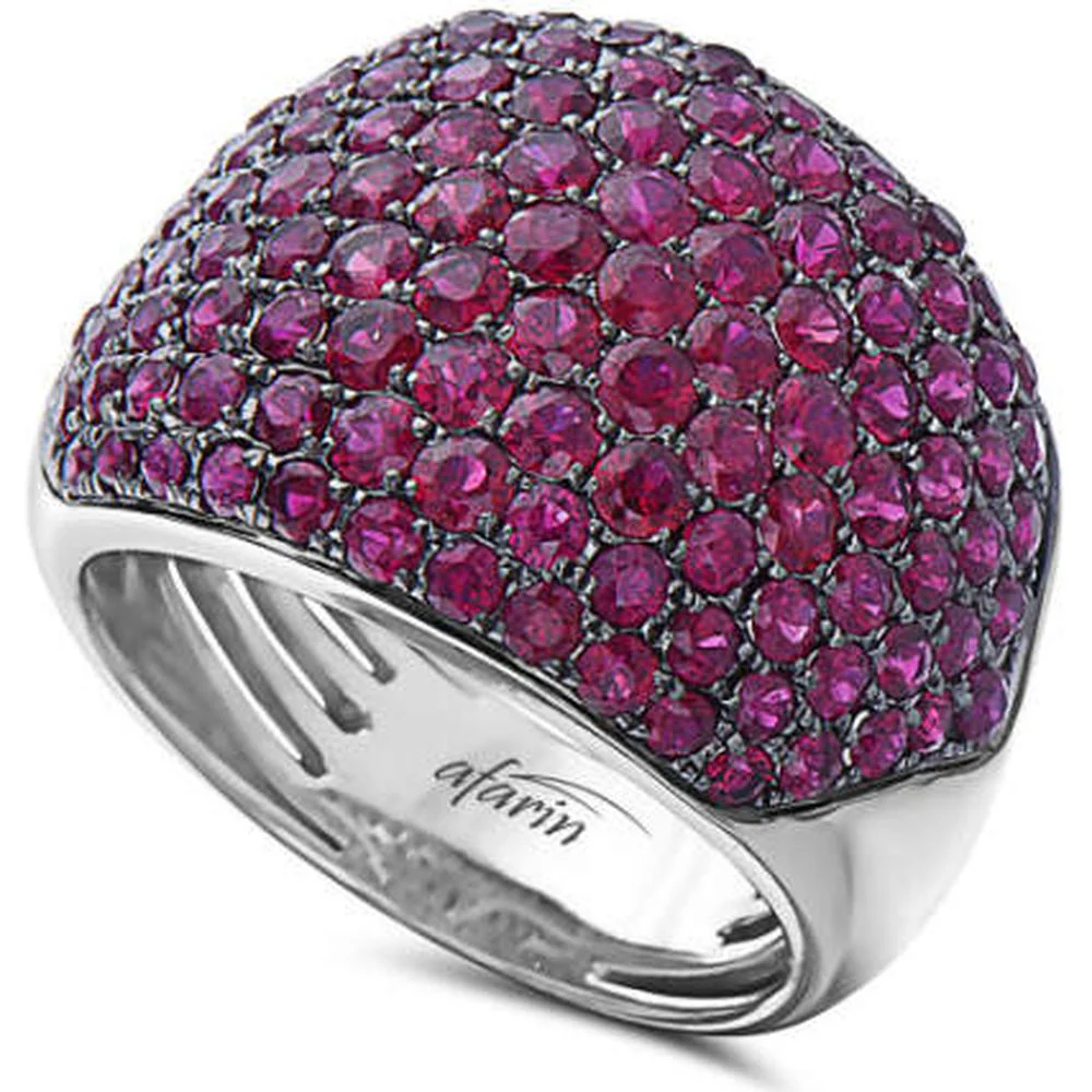 18K White Gold Dome Ring with Pavé Set Round Rubies by Afarin