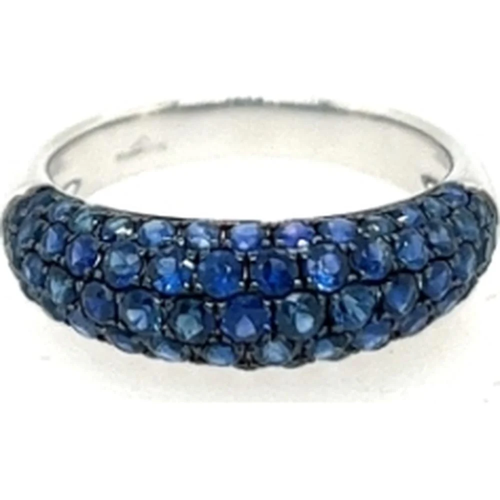 18K White Gold Domed Band Ring with Pavé Set Round Blue Sapphires by Afarin
