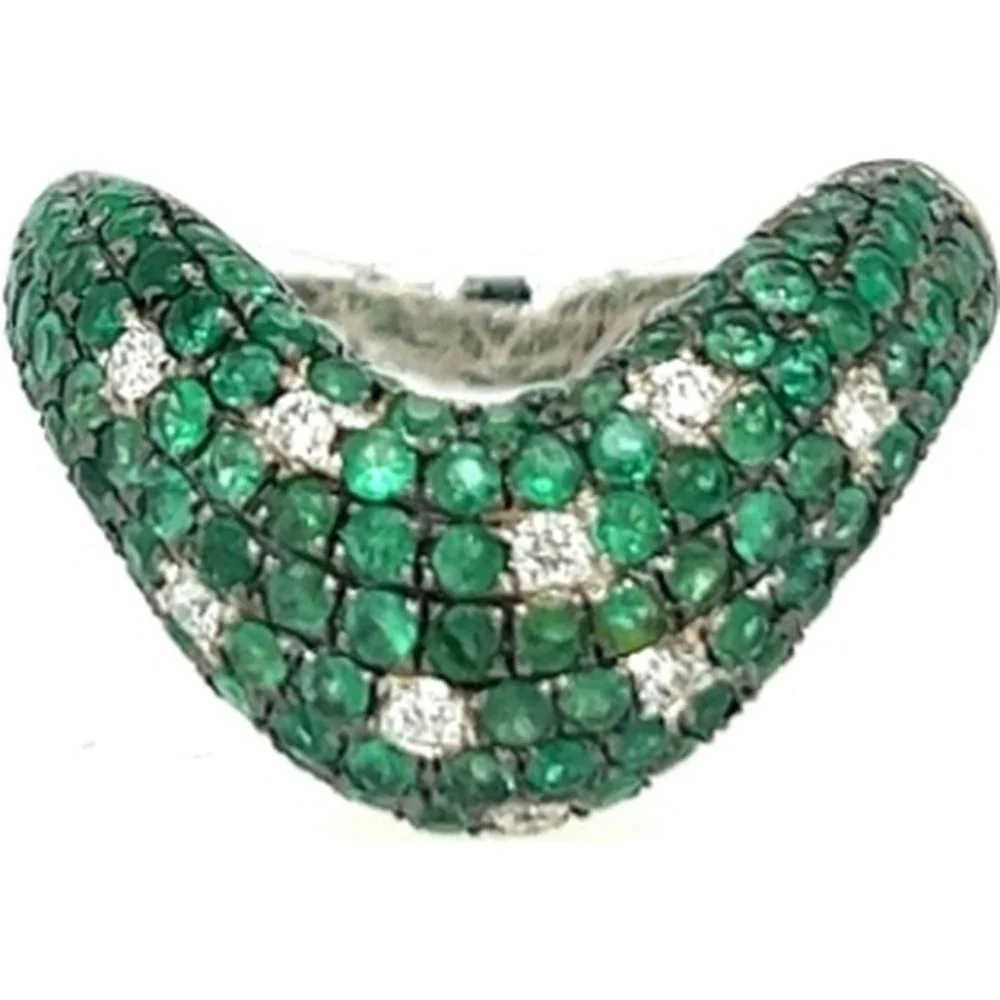 18K White Gold Domed Pavé Emerald and Diamond Statement Ring by Afarin