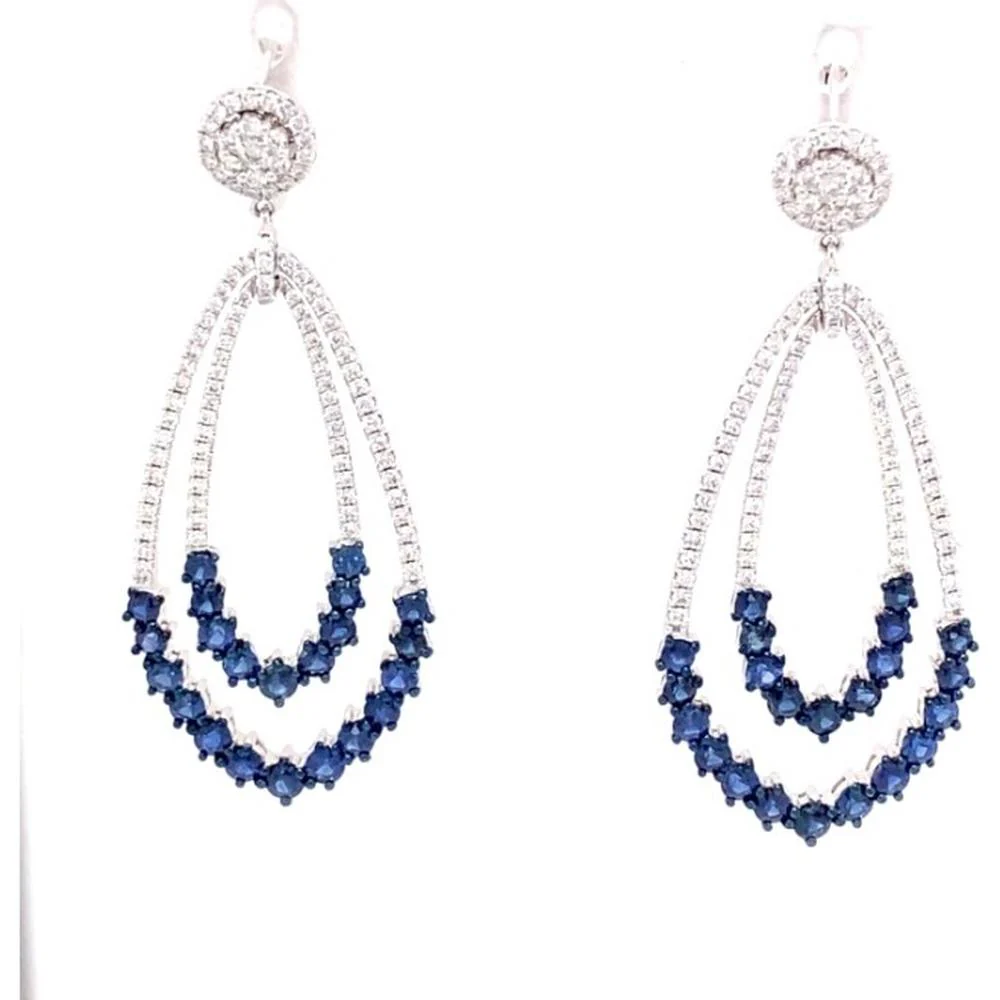 18K White Gold Double Drop Earrings with Round Diamonds and Blue Sapphires by Afarin