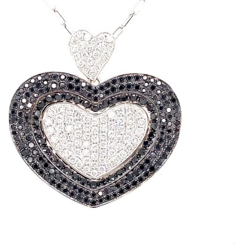 18K White Gold Double Heart Pendant with Black and White Diamonds by Afarin