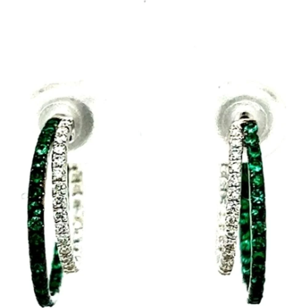 18K White Gold Double Hoop Earrings with Diamonds and Emeralds by Afarin