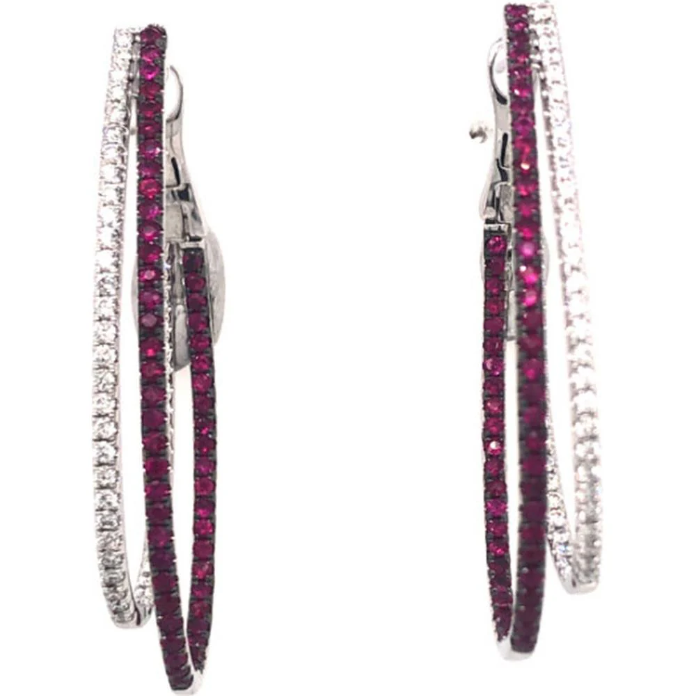 18K White Gold Double Hoop Earrings with Diamonds and Rubies by Afarin