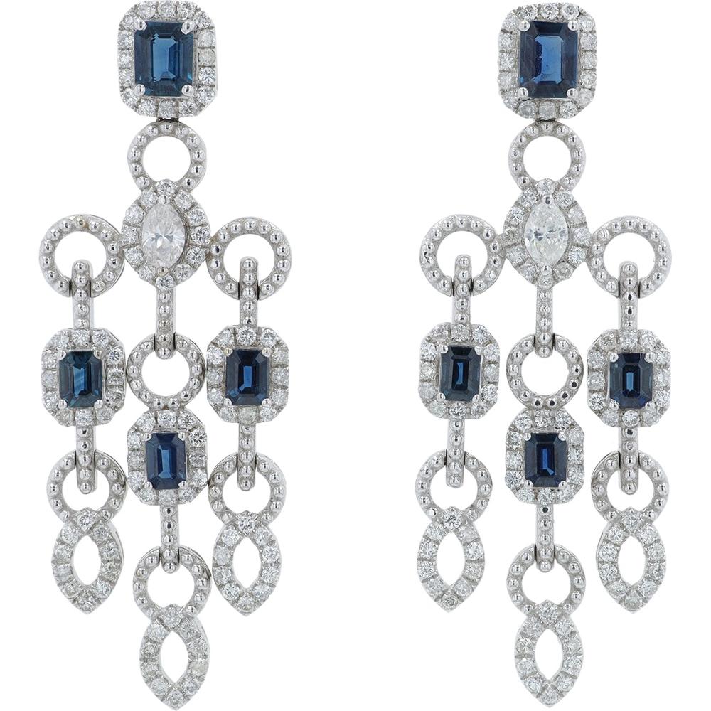 18K White Gold Drop Earrings with 2.22 Carat Total Emerald Cut Sapphires and 1.76 Carat Total Diamond Accents