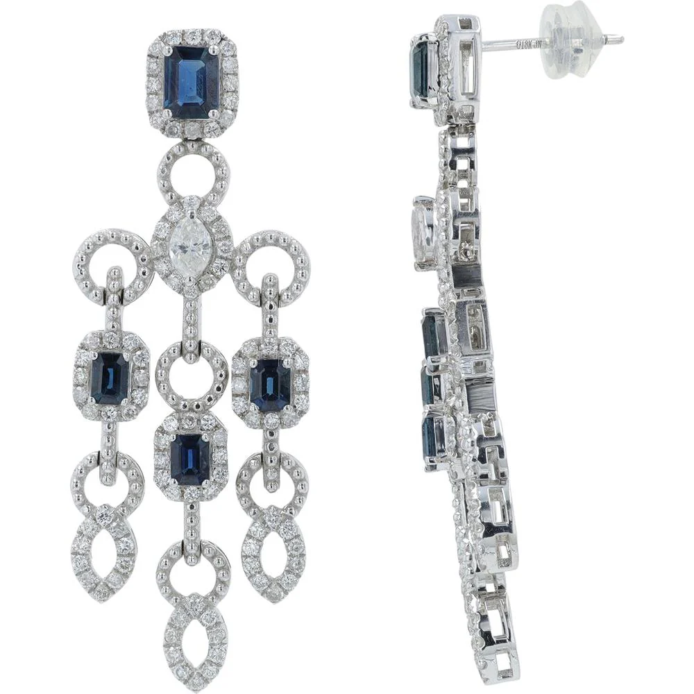 18K White Gold Drop Earrings with 2.22 Carat Total Emerald Cut Sapphires and 1.76 Carat Total Diamond Accents - Image 2