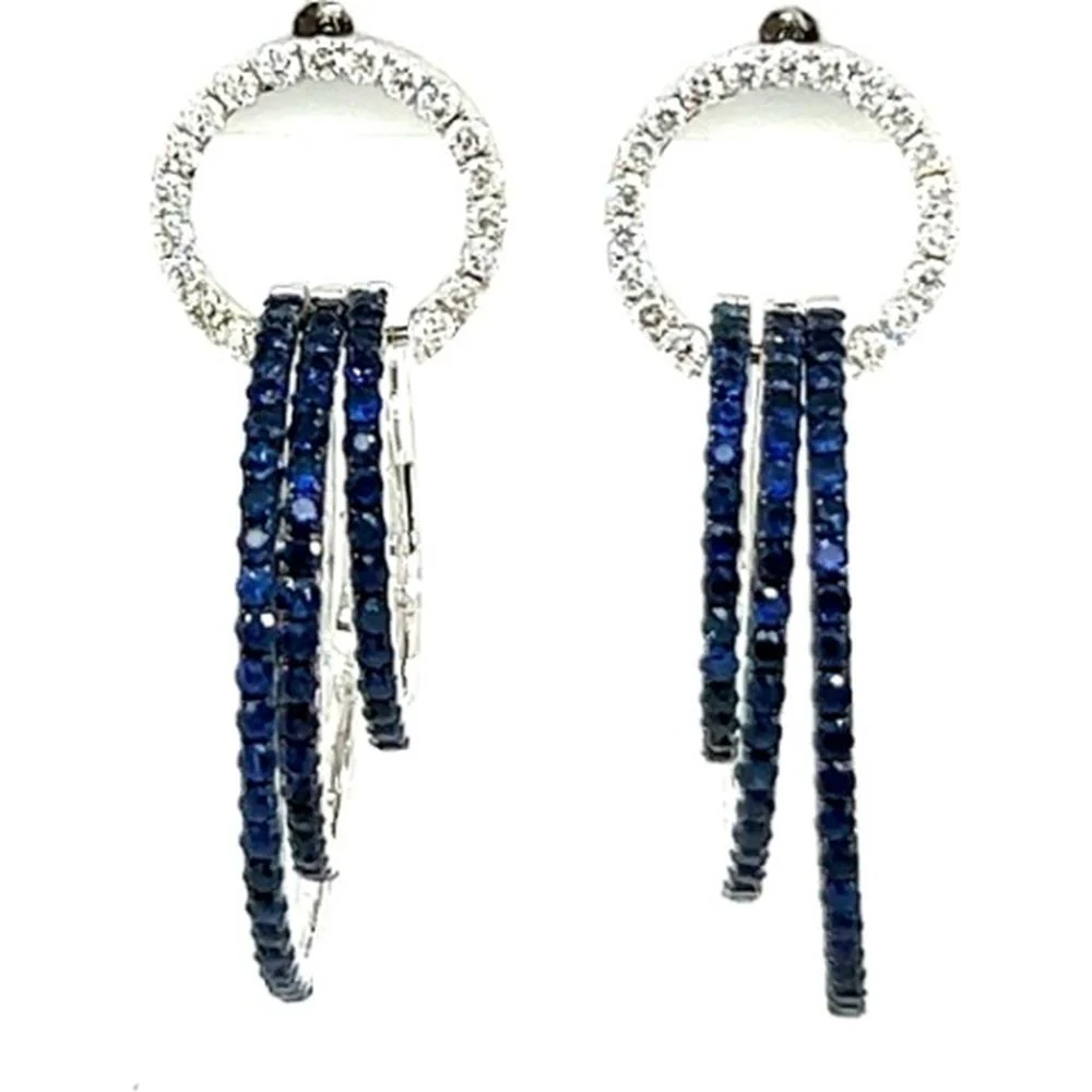 18K White Gold Drop Earrings with Diamond Open Circles and Blue Sapphires by Afarin