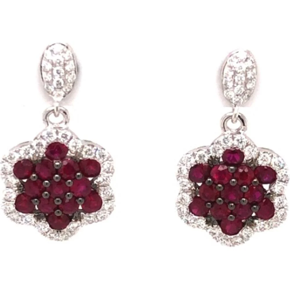 18K White Gold Drop Earrings with Floral Ruby Clusters and Diamond Halo Accents by Afarin
