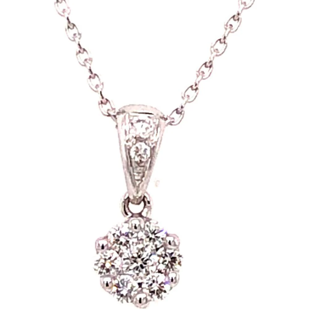 18K White Gold Drop Pendant Necklace with Round Diamond Cluster and Diamond Accent Bail by Afarin