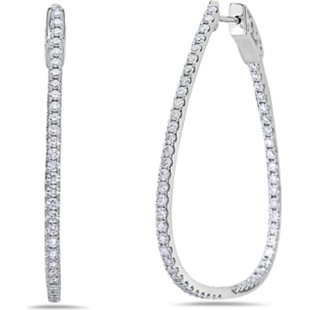 18K White Gold Elongated Drop Hoop Earrings with Round Diamonds by Afarin