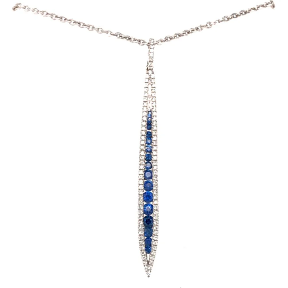 18K White Gold Elongated Pendant Necklace with Blue Sapphires and Diamond Accents by Afarin