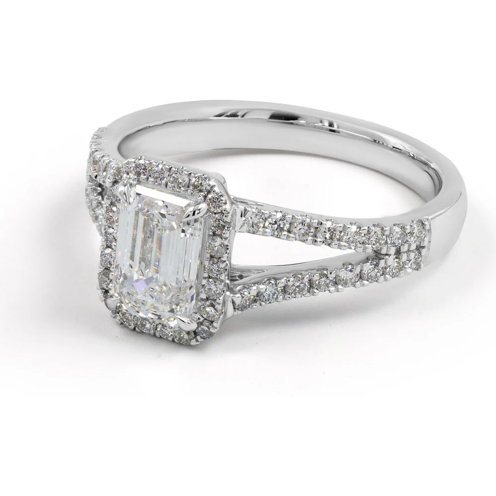 18K White Gold Emerald Cut Split Shank Halo Ring with 9.55 Carat Lab Diamond Center and 1.98 Carats of Brilliant Round Diamonds - 11.53 Carat Total Diamond Weight - Covaloro Fine Jewelry - Image 3