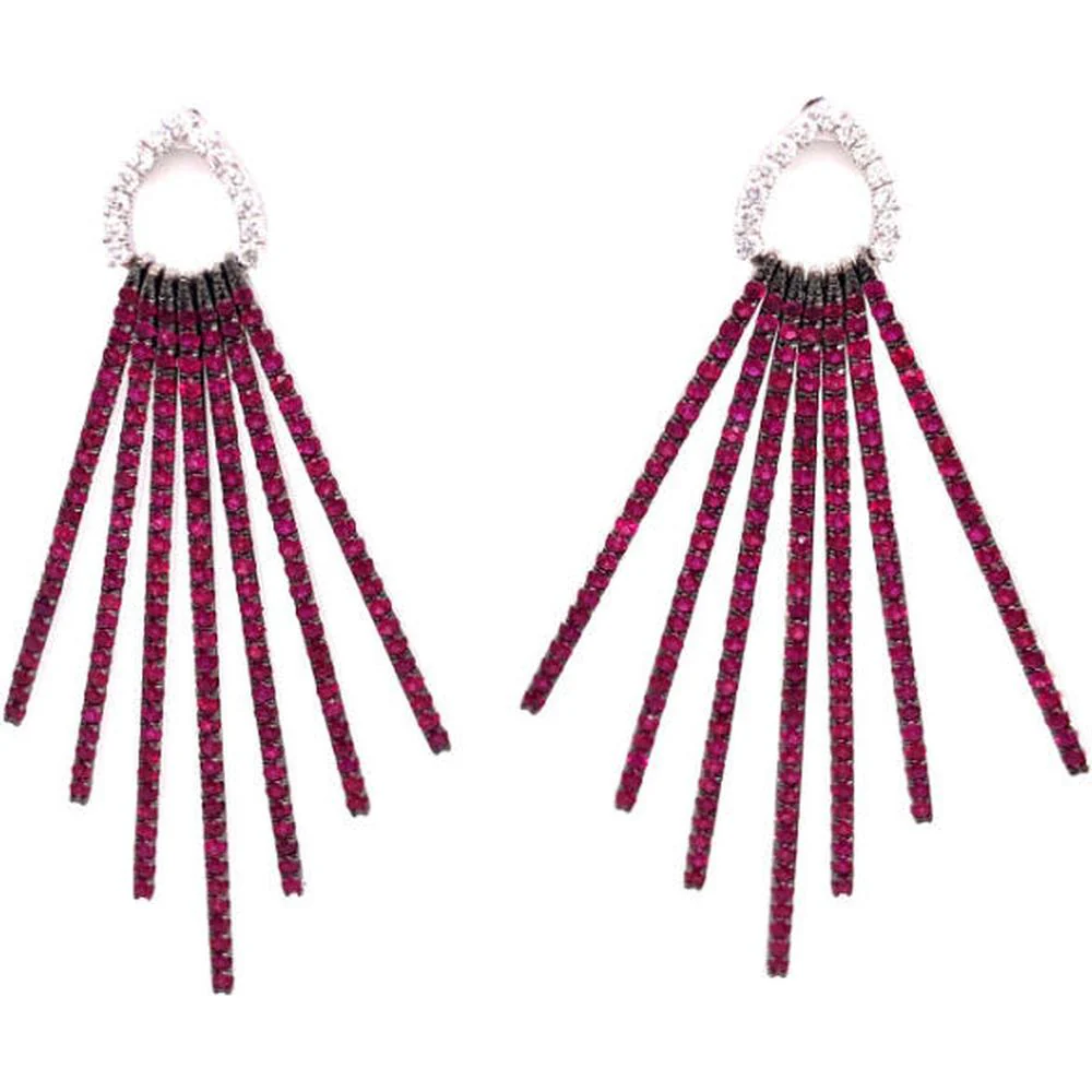 18K White Gold Fan Drop Earrings with Round Rubies and Diamond Open Teardrop Tops by Afarin